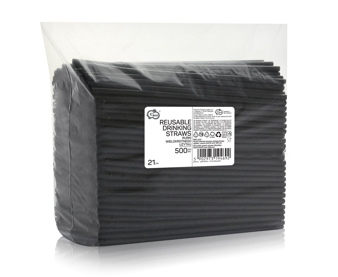 Reusable plastic straws (flexible), black 5x210mm/ 500 pcs